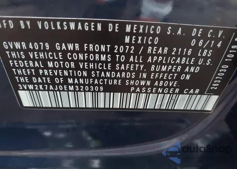 2014 Volkswagen Jetta 2.0L S from USA, damaged, VIN 3VW2K7AJ0EM320309